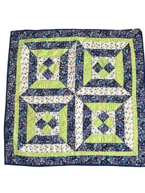 Vintage Hand Made Blue Green Geometric Baby Quilt 31”x31”
